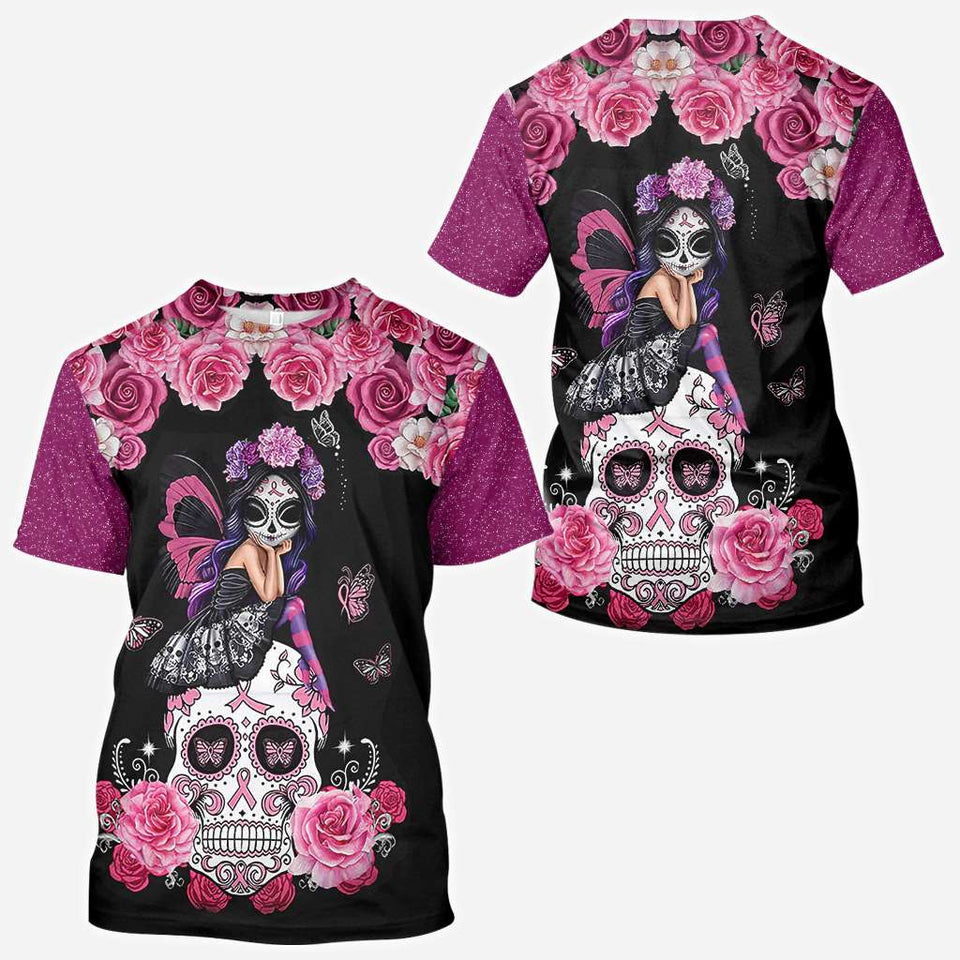 Sugar Skull Pink Ribbon - Breast Cancer Awareness All Over T-shirt and Hoodie 0822
