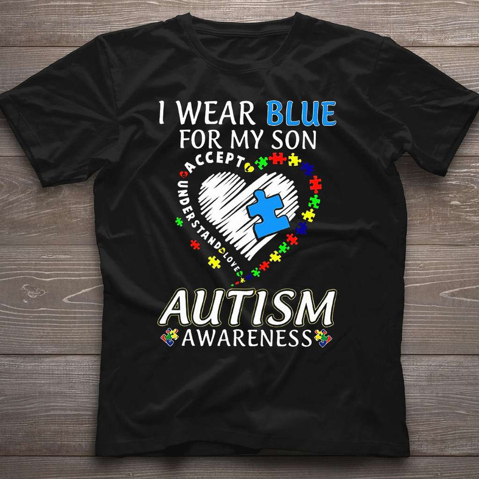 Je porte du bleu pour mon fils - T-shirt et sweat à capuche de sensibilisation à l'autisme 0921