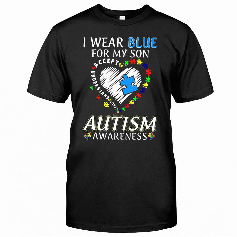 Je porte du bleu pour mon fils - T-shirt et sweat à capuche de sensibilisation à l'autisme 0921