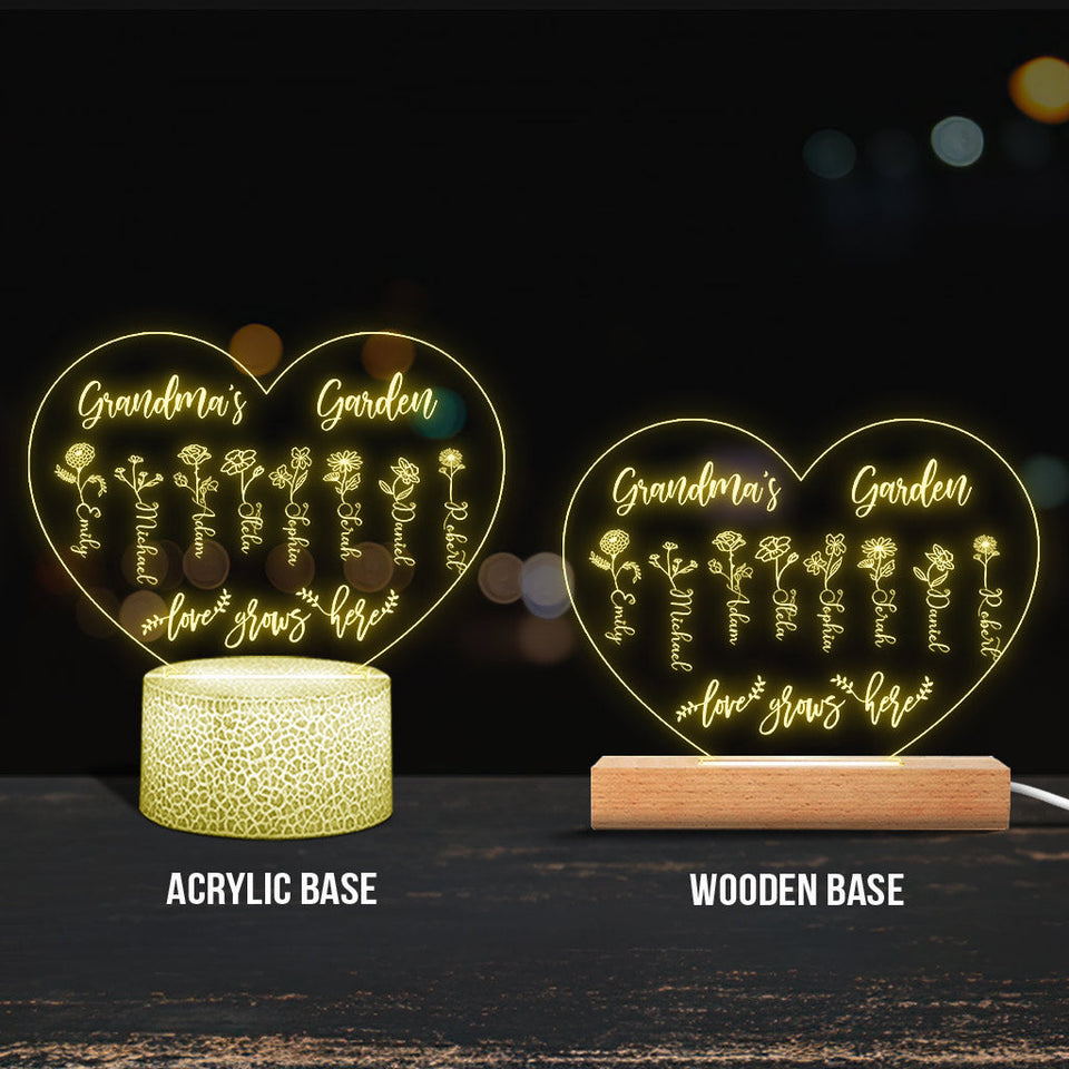 Grandma's Garden - Gift for grandma, mom, aunt, grandpa - Personalized Shaped Plaque Light Base