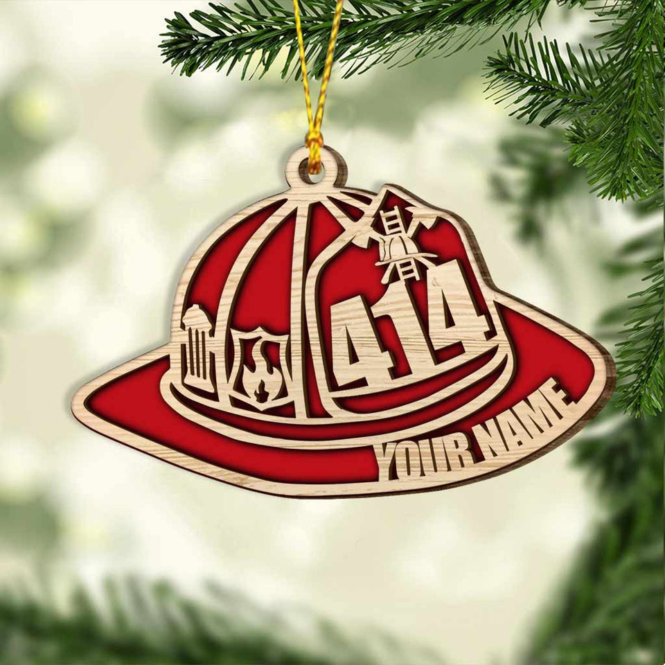 Firefighter Helmet - Personalized Christmas Layered Wood Ornament