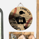 Living Life By The Seams - Baseball Personalized Round Wood Sign
