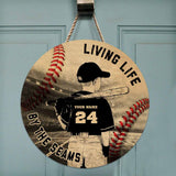 Living Life By The Seams - Baseball Personalized Round Wood Sign