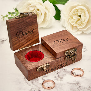 Custom Engraved Text - Personalized Name Wooden Double Ring Boxes