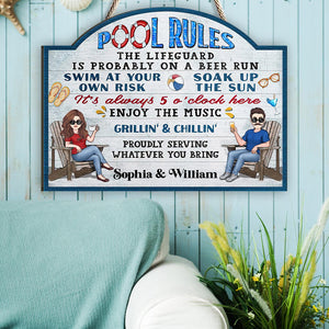 Pool Rules Swim At Your Own Risk - Personalized Backyard Wood Sign