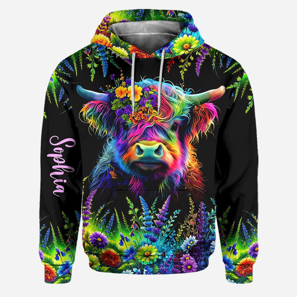 Beautiful Neon Highland Cow - Personalized Highland Cow Hoodie and Leggings