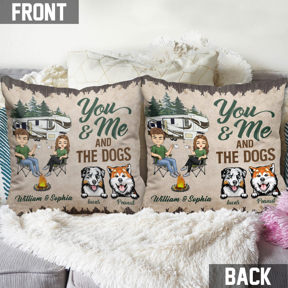 You And Me And The Dogs - Personalized Couple Camping Throw Pillow