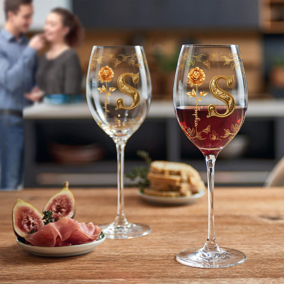 Gold Flowers - Personalized Luxury Wine Glass With Long Stem