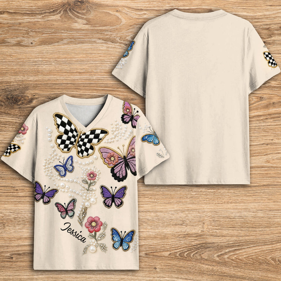Love Butterfies - Personalized Butterfly Fully Printed V-Neck T-Shirt