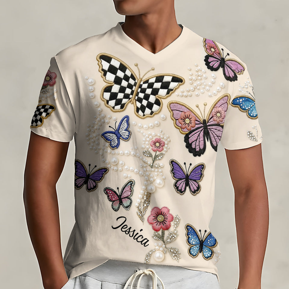 Love Butterfies - Personalized Butterfly Fully Printed V-Neck T-Shirt