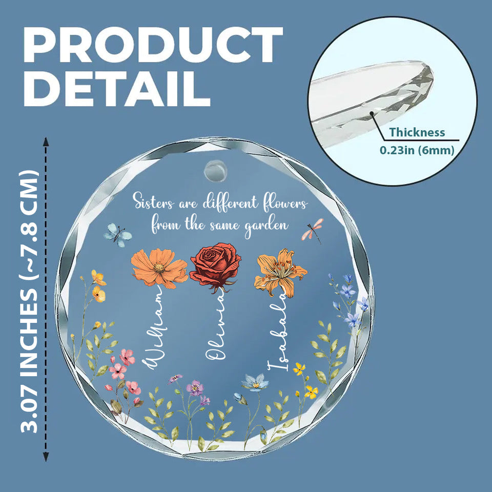 Colorful Garden Flowers - Personalized Sibling Round Shaped Glass Ornament