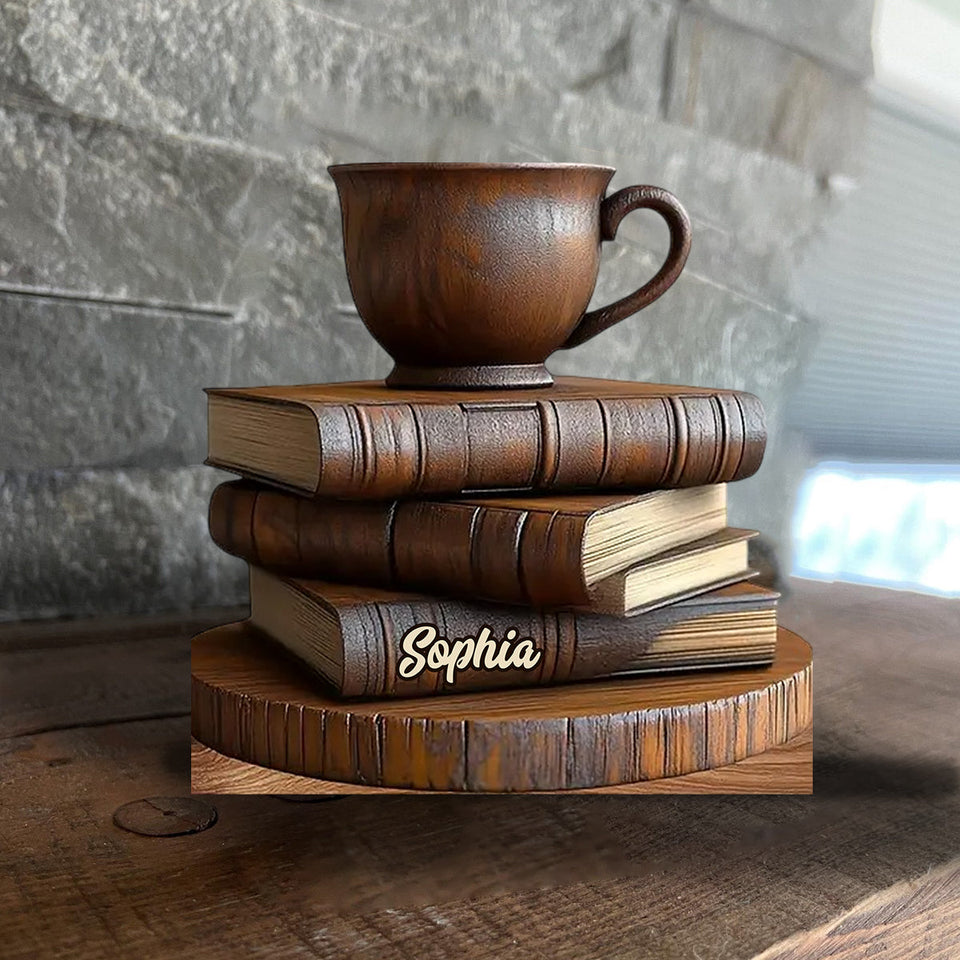 Wooden Book & Coffee Cup Decor - Personalized Book Custom Shaped Wood Plaque