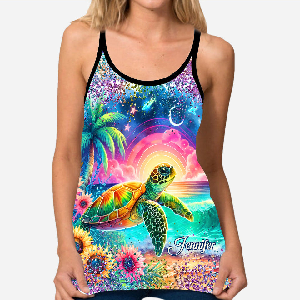 Sea Turtle Sunflower - Personalized Turtle Cross Tank Top and Leggings