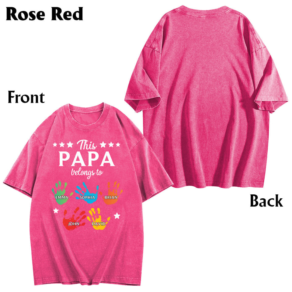 This Papa Belongs To Hands Prints - Personalized Grandpa Wash T-Shirt