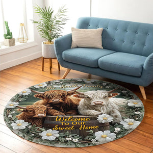 Welcome To Our Sweet Home - Personalized Highland Cow Round Rug