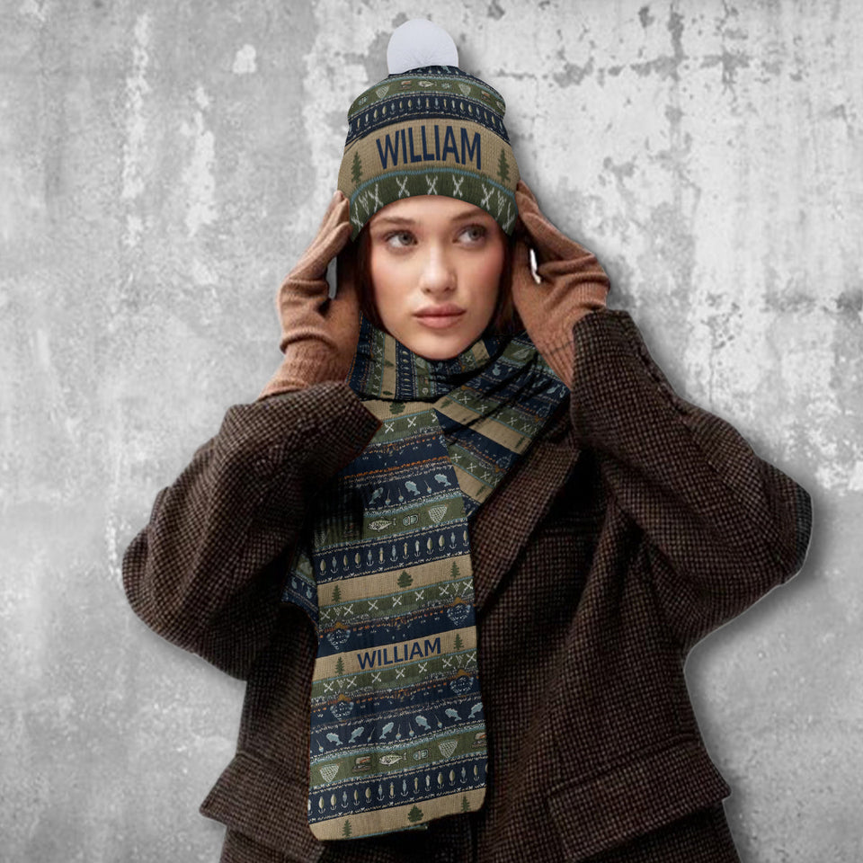 Fishing - Personalized Fishing Knitted Beanie Hat and Scarf Set