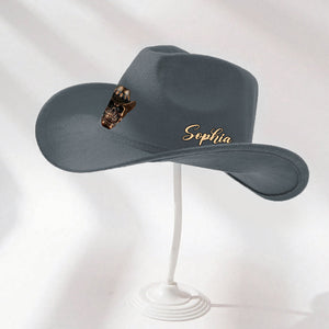 Human Skull Skeleton Head Bone, Cowboy Style - Personalized Western Outfit Wide Brim Cowboy Hat