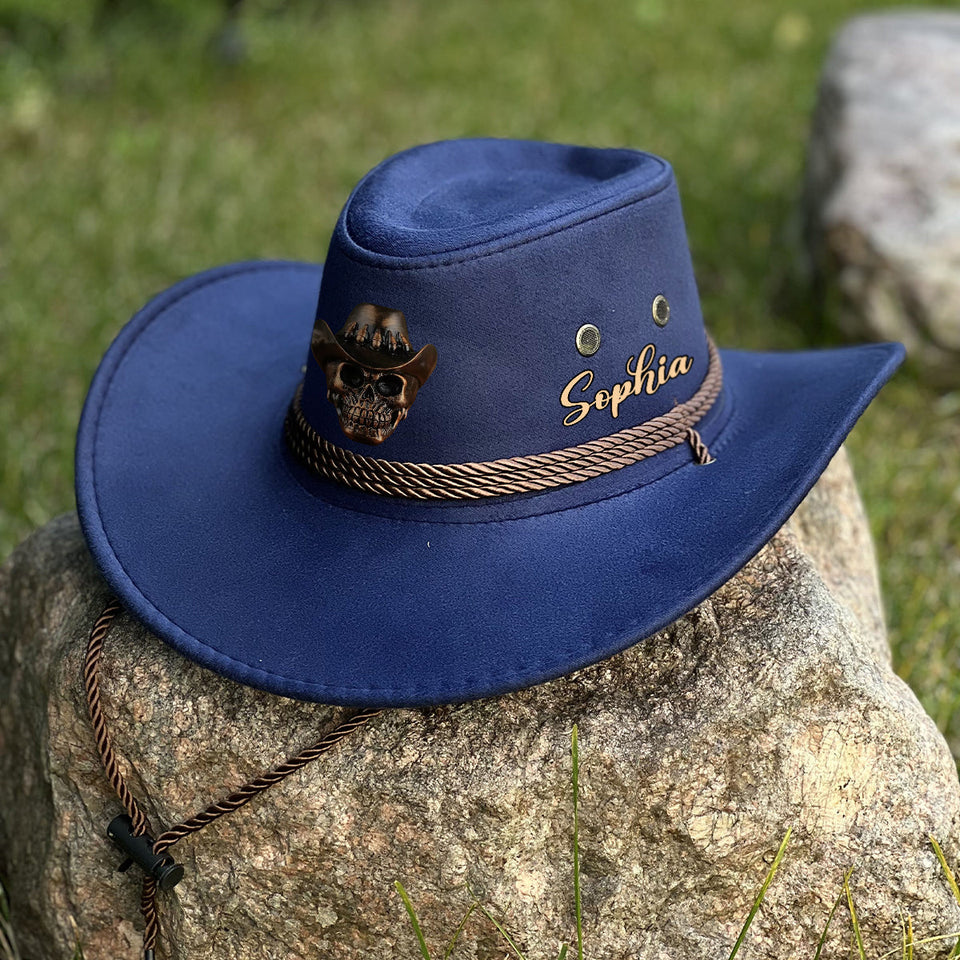Human Skull Skeleton Head Bone, Cowboy Style - Personalized Western Outfit Wide Brim Cowboy Hat