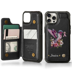 Étui portefeuille personnalisé pour téléphone portable, symbole de sensibilisation au cancer du sein, avec colibri.