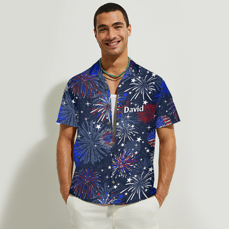 Patriotic American Flag Fireworks Print Matching Outfit For Couples - Personalized Couple Hawaiian Shirt & Sleeveless Dress