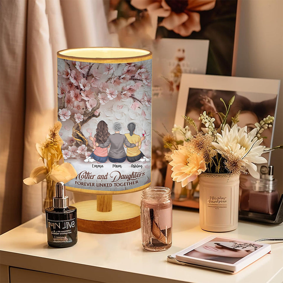 Mother And Daughters Forever Linked Together - Personalized Mother Table Lamp with Wood Base