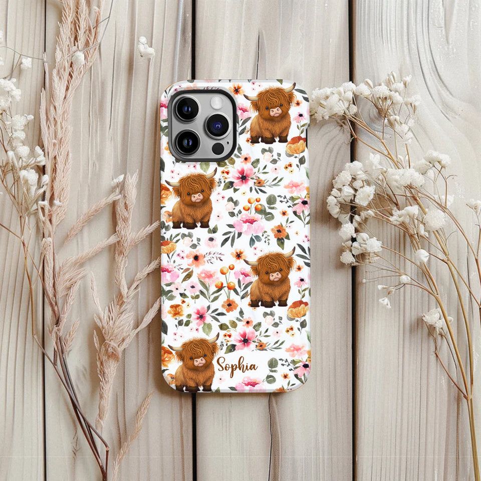 Floral Highland Cow - Personalized Highland Cow Full Print Phone Case
