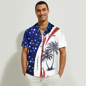 Patriotic American Flag Coconut Tree Print Matching Hawaii Beach Outfit For Couples - Personalized Couple Hawaiian Shirt & Sleeveless Dress