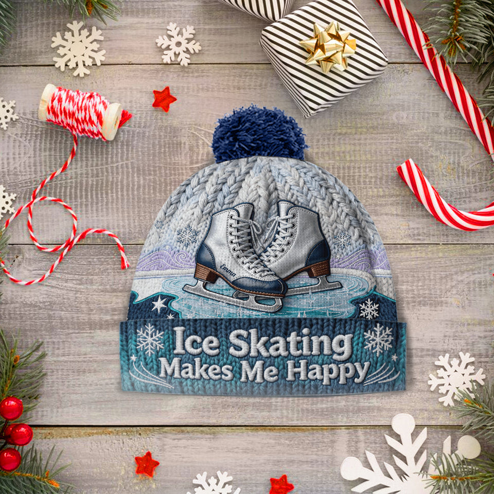 Ice Skating Makes Me Happy - Personalized Ice Skating Beanie Hat