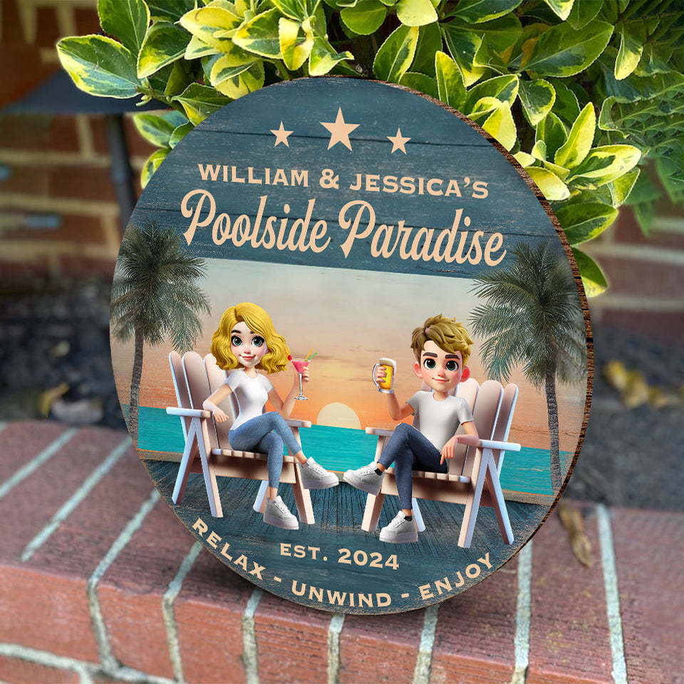 Poolside Paradise - Personalized Couple Round Wood Sign