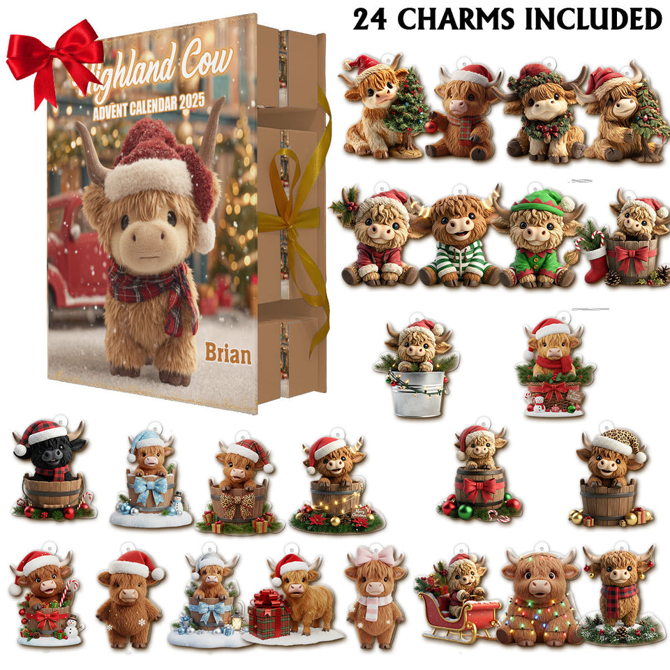 Christmas Highland Cow - Personalized Highland Cow Folded Advent Calendar With Ornaments