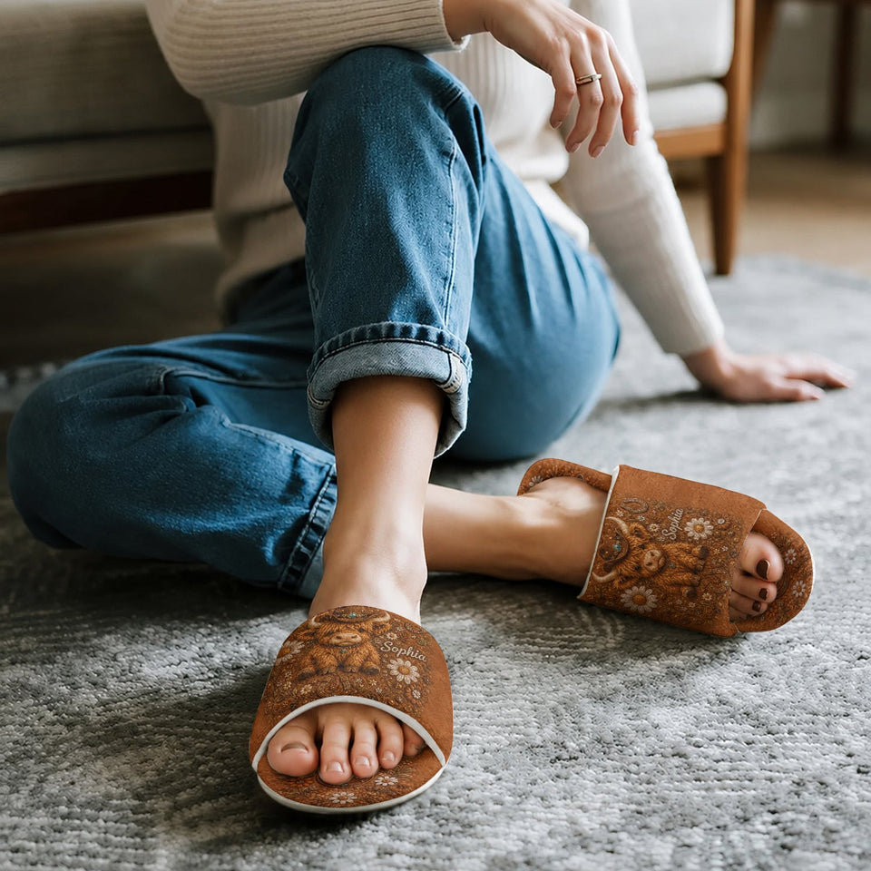 Adorable Highland Cow - Personalized Highland Cow Open-Toe Slippers