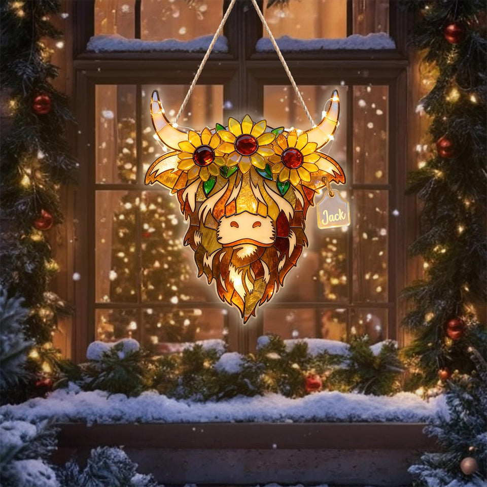 Highland Cow With Sunflowers - Personalized Highland Cow LED Light Acrylic Sign
