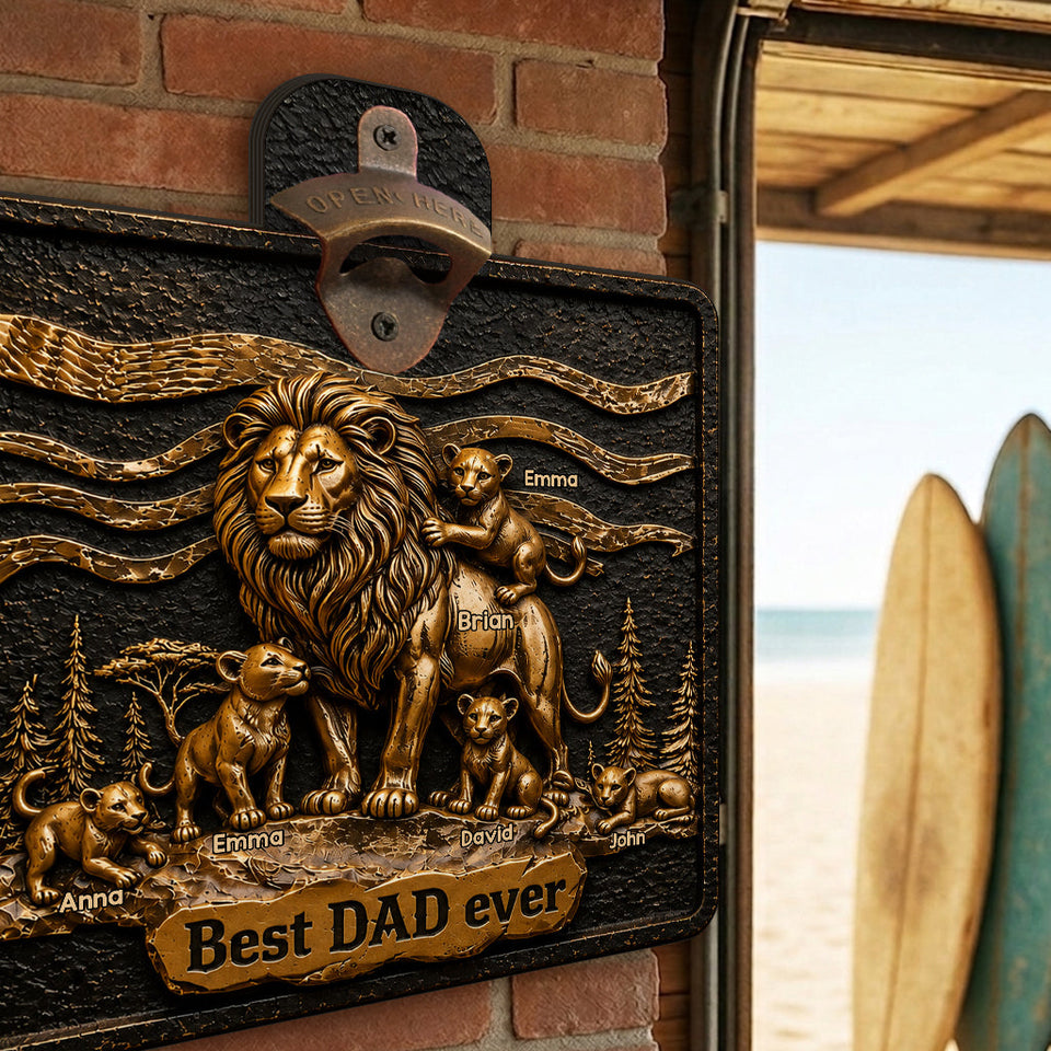 Lion Dad And Kids - Personalized Father Wall Bottle Opener
