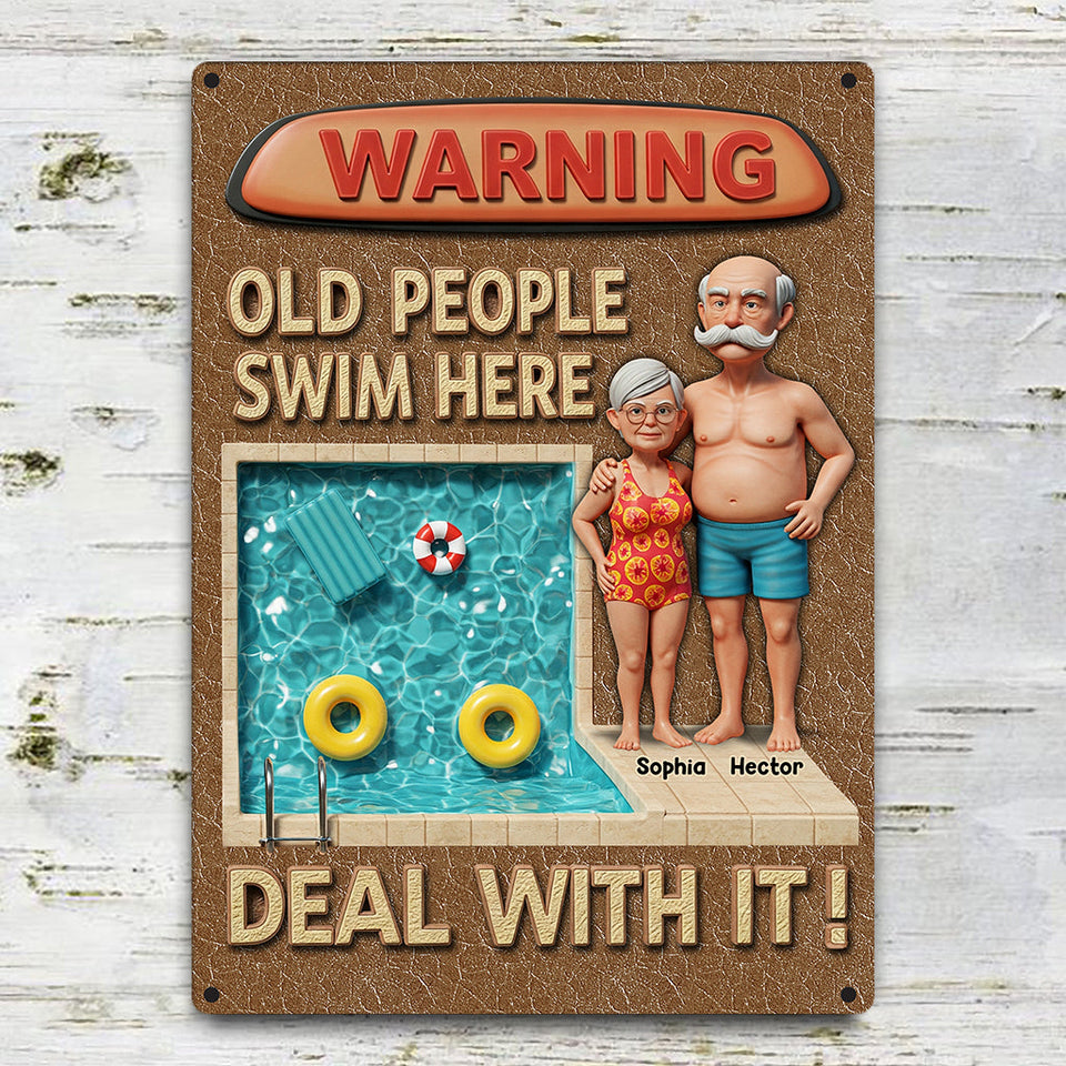 Warning Old People Swim Here - Personalized Couple Rectangle Metal Sign