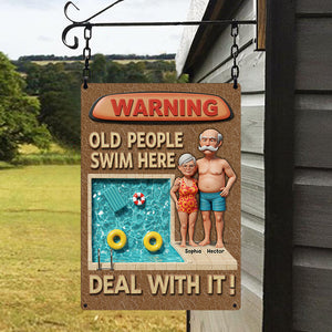 Warning Old People Swim Here - Personalized Couple Rectangle Metal Sign