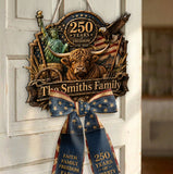 Celebrate 250th Anniversary, Highland Cow Lovers, Farmer Gift - Personalized Highland Cow Shaped Wood Sign With Sash