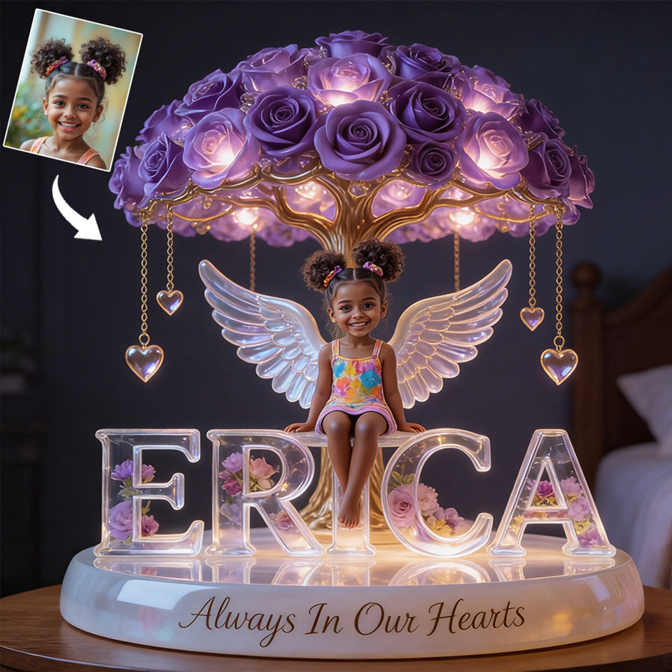 Custom Black Grandpa Always In Our Hearts Angel Wings Figurine, Personalized Memorial Tree Lamp Statue, Sympathy Remembrance Night Light Table Decor