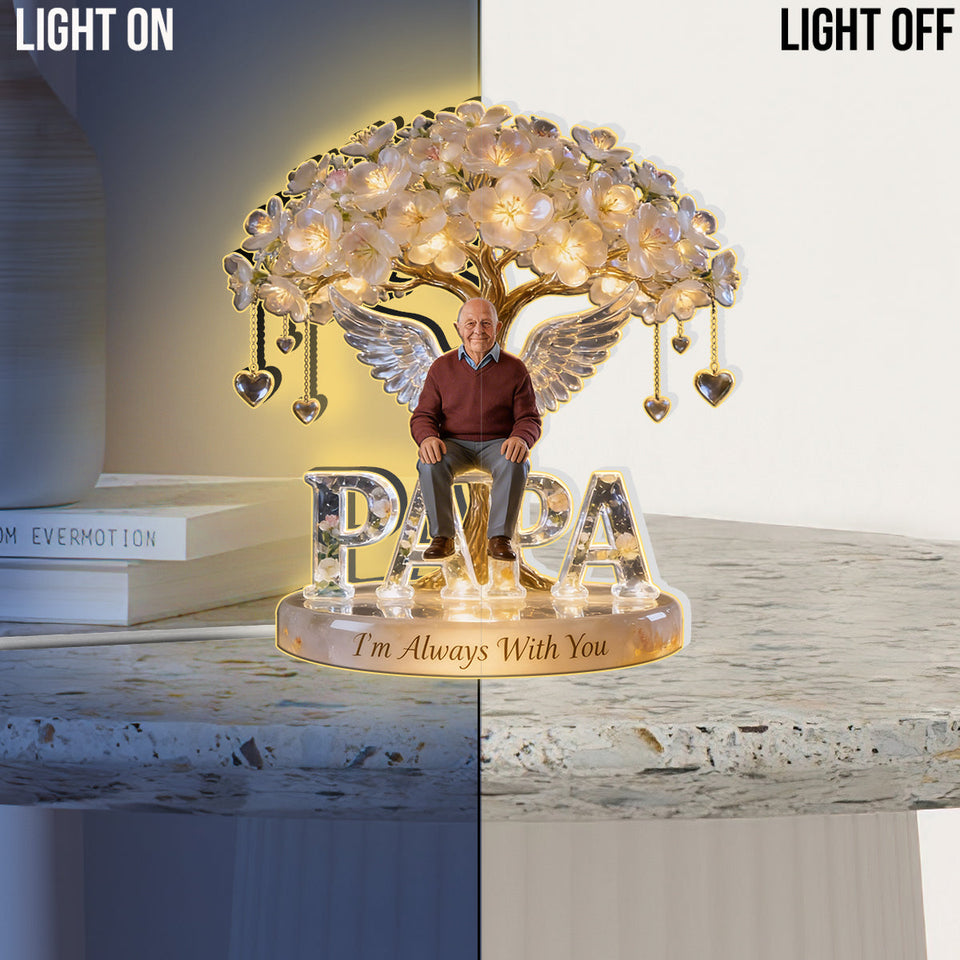 Custom Black Grandpa Always In Our Hearts Angel Wings Figurine, Personalized Memorial Tree Lamp Statue, Sympathy Remembrance Night Light Table Decor