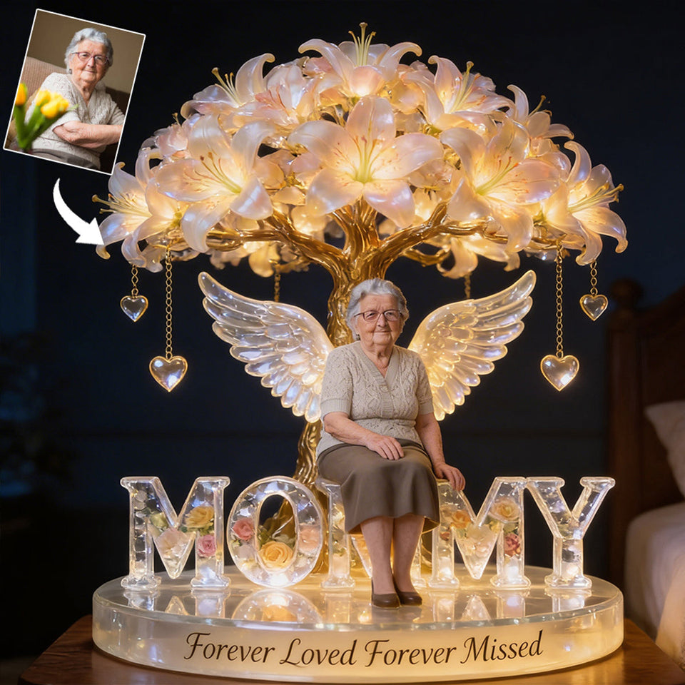 Custom Black Grandpa Always In Our Hearts Angel Wings Figurine, Personalized Memorial Tree Lamp Statue, Sympathy Remembrance Night Light Table Decor