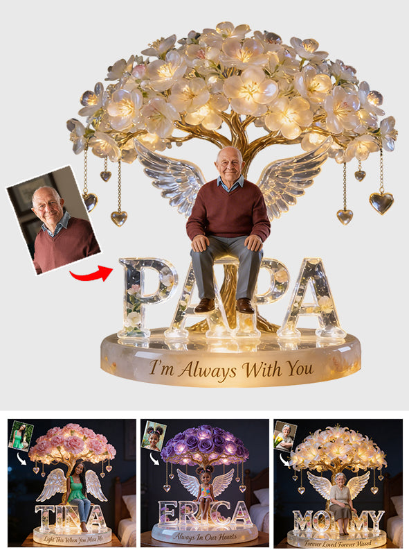 Custom Black Grandpa Always In Our Hearts Angel Wings Figurine, Personalized Memorial Tree Lamp Statue, Sympathy Remembrance Night Light Table Decor