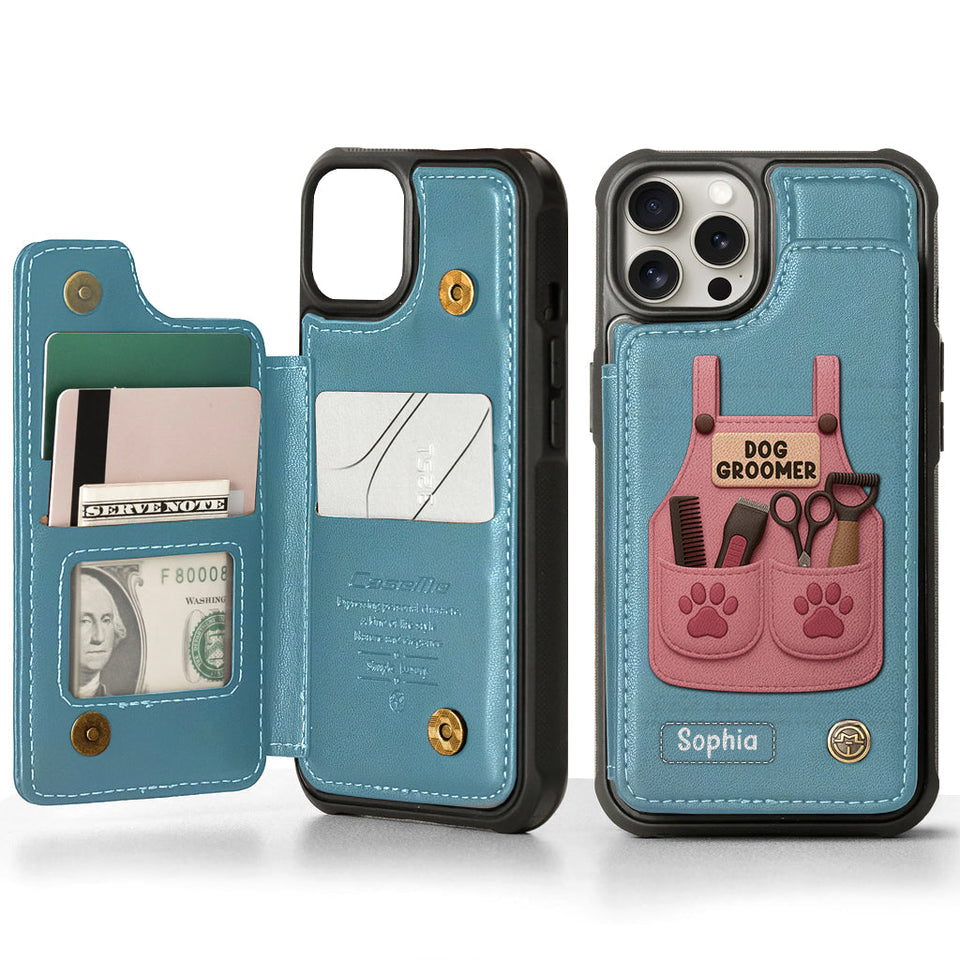 Dog Groomer Gift With Grooming Tools And Paw Prints - Personalized Dog Groomer Wallet Phone Case