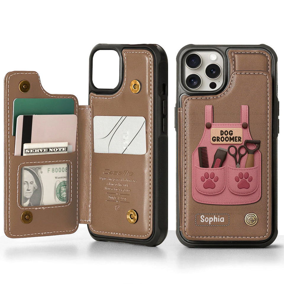 Dog Groomer Gift With Grooming Tools And Paw Prints - Personalized Dog Groomer Wallet Phone Case
