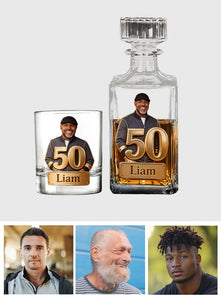 Custom Any Photo, Number - Personalized Birthday Whiskey Decanter Set