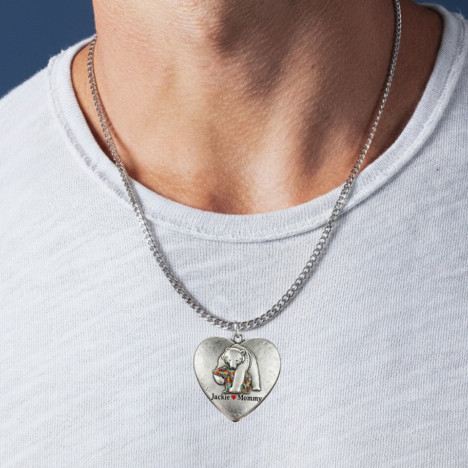 Autism Mama Bear - Personalized Autism Awareness Shaped Metal Pendant Necklace
