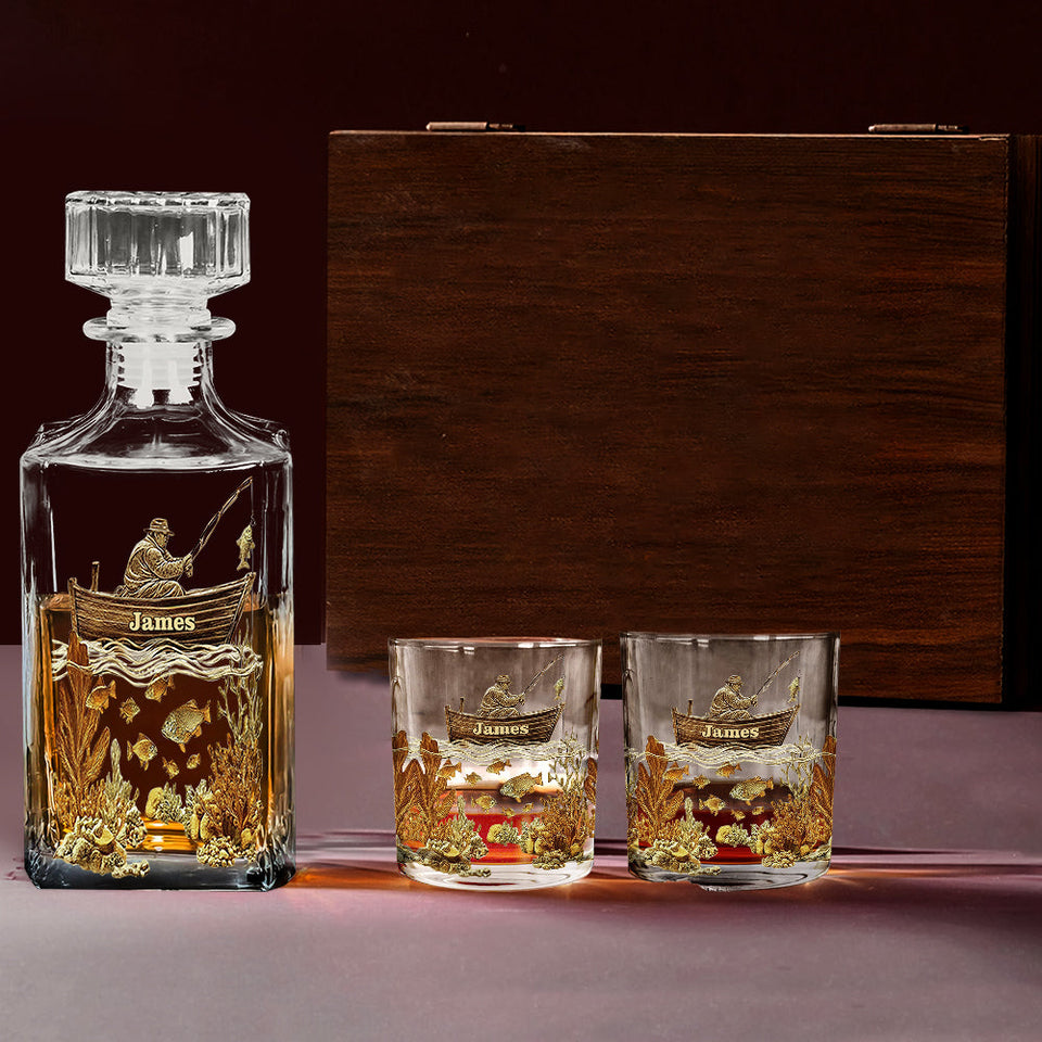Personalized Fishing Whiskey Bottle and Glass Set - Personalized Fishing Whiskey Decanter Set