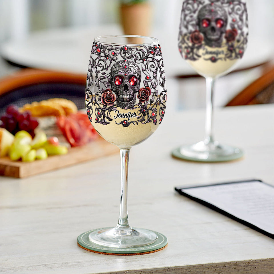 Skull, Wine, & Roses - Personalized Wine Wine Glass With Long Stem