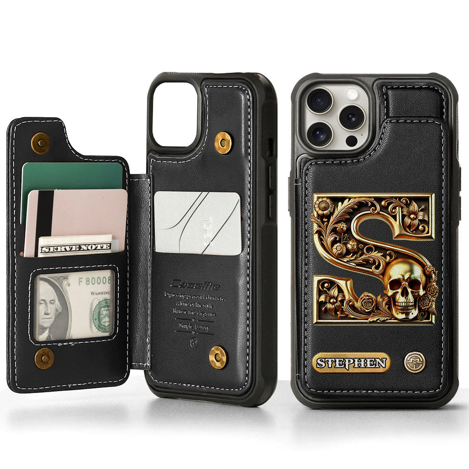 Skull Name Initial Letter - Personalized Skull Wallet Phone Case