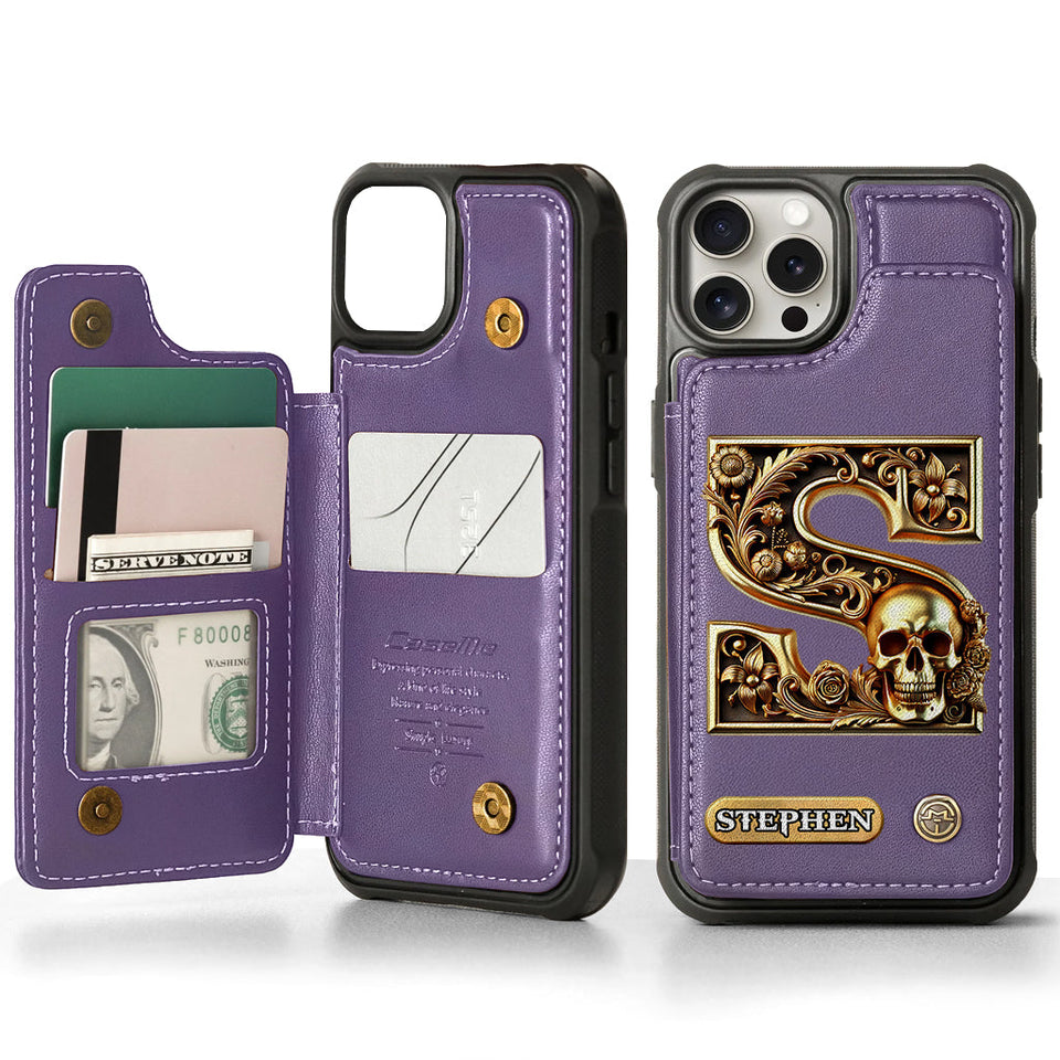 Skull Name Initial Letter - Personalized Skull Wallet Phone Case