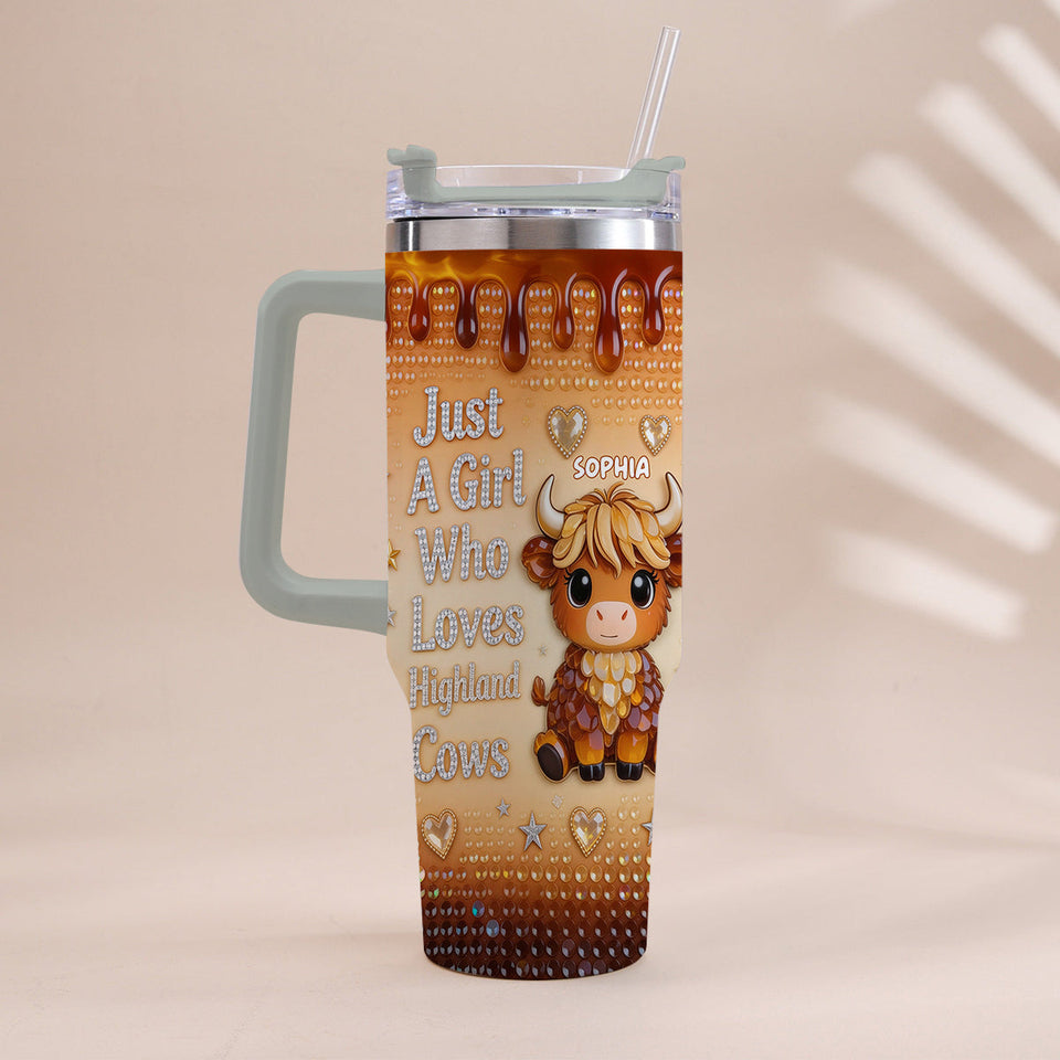 Just A Girl Who Loves Highland Cow - Personalized Highland Cow Tumbler With Handle