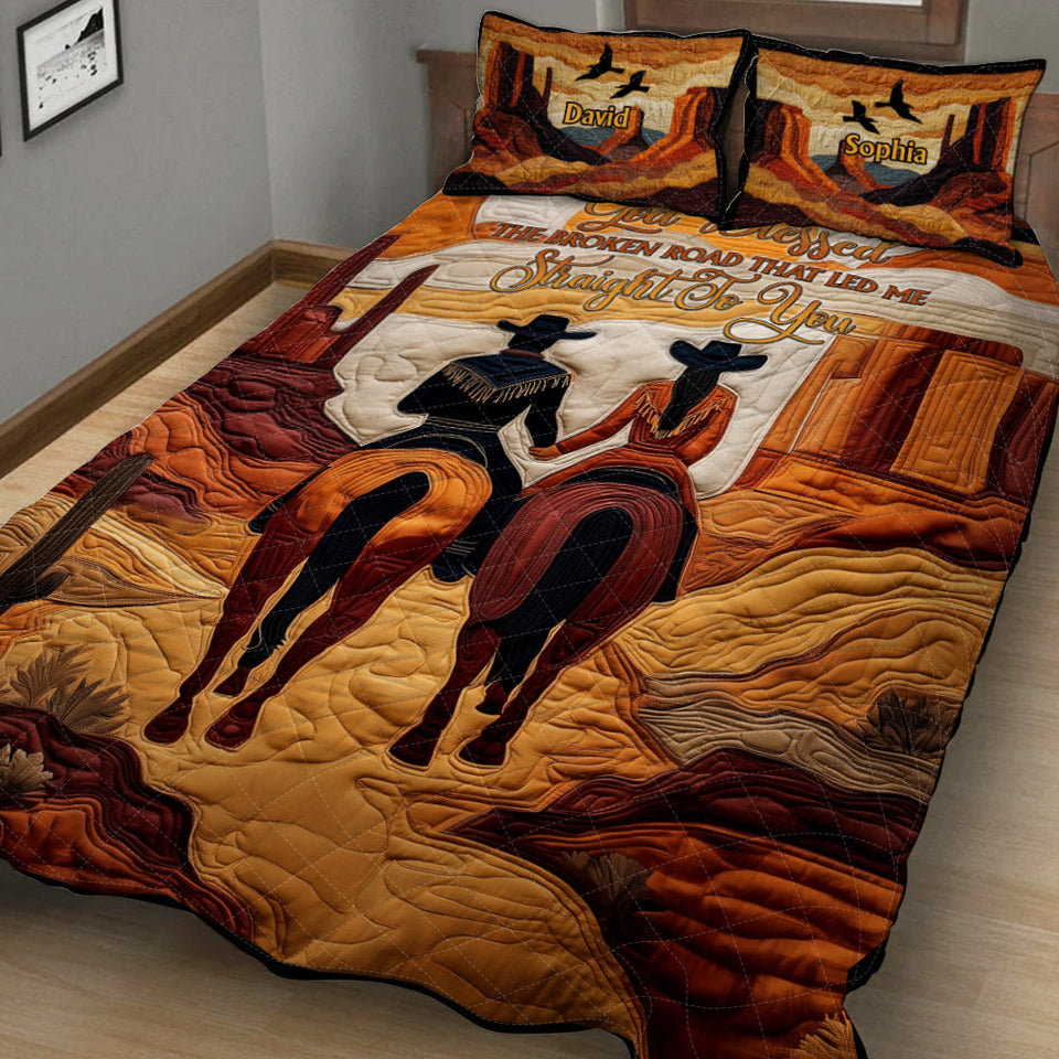 God Blessed The Broken Road - Personalized Cowgirl Quilt Set